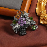 Vintage Flower Basket Oil Painting Brooch Rhinestone Plant Jewelry
