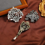Vintage Flower Basket Oil Painting Brooch Rhinestone Plant Jewelry