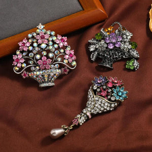 Renaissance Vintage Rhinestone Flower Basket Brooch