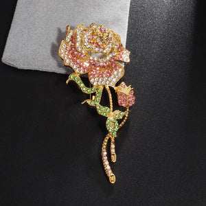 Pink Zircon Rose Flower Brooch - High-End Banquet Accessory