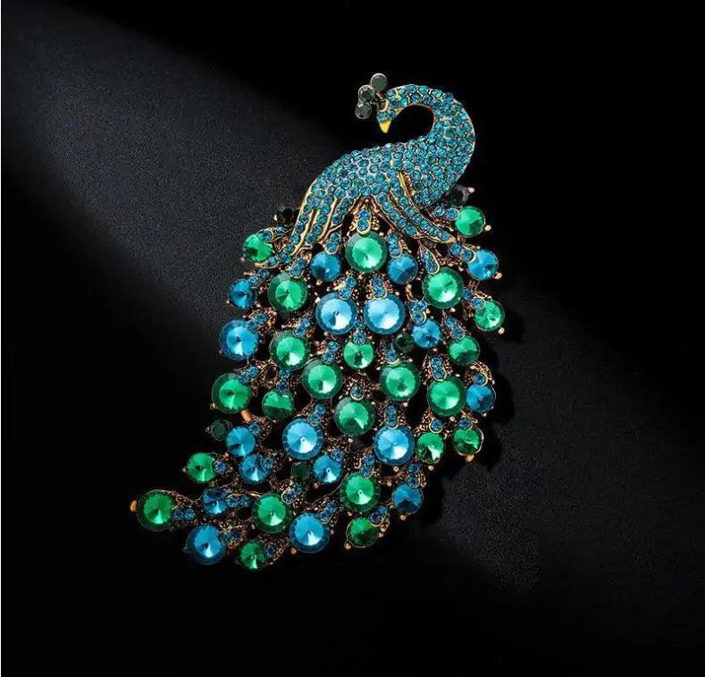 Colorful Peacock Rhinestone Brooch, Elegant Banquet Jewelry