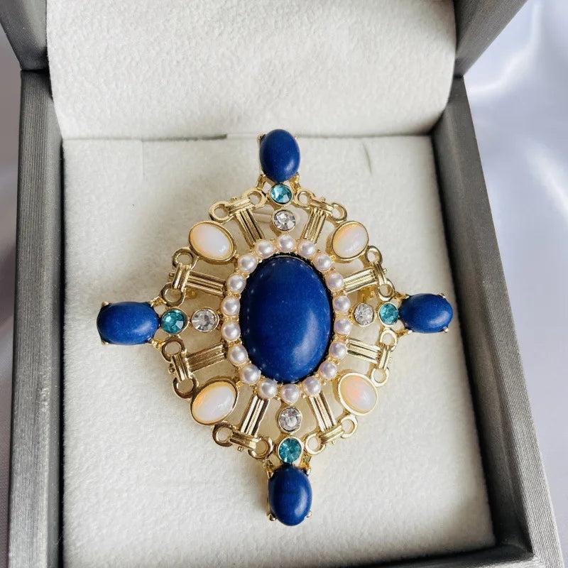 Vintage Opal Glass and Lapis Lazuli Brooch