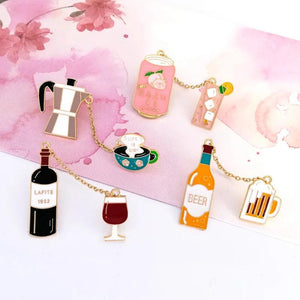 Cartoon Wine Beer Coffee Drip Brooch Metal Pin Badges