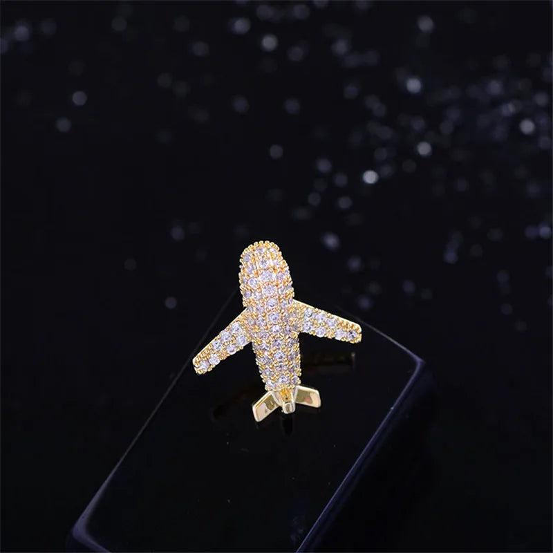 Copper Zircon Airplane Lapel Pin Women Men Shirt Collar Mini Plane Brooch