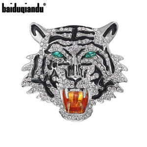 Baiduqiandu Rhinestone Roaring Tiger Brooches Women Men Big Tiger Head