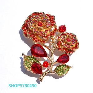 Red Rhinestone Rose Brooch for Women Girls