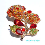 Red Rhinestone Rose Brooch for Women Girls