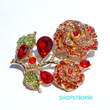 Red Rhinestone Rose Brooch for Women Girls