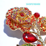 Red Rhinestone Rose Brooch for Women Girls