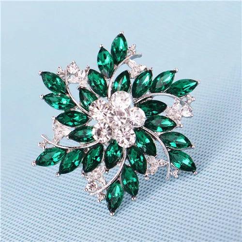 Green Flower Brooch Female Gift Rhinestone Bridal Wedding Jewelry
