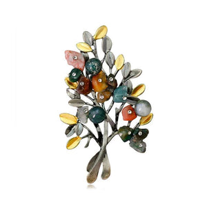 Women Retro Natural Stones Tree Brooches Pearl Stone Leaf Big Brooch Jewelry