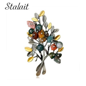 Women Retro Natural Stones Tree Brooches Pearl Stone Leaf Big Brooch Jewelry