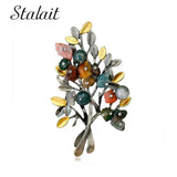 Women Retro Natural Stones Tree Brooches Pearl Stone Leaf Big Brooch Jewelry