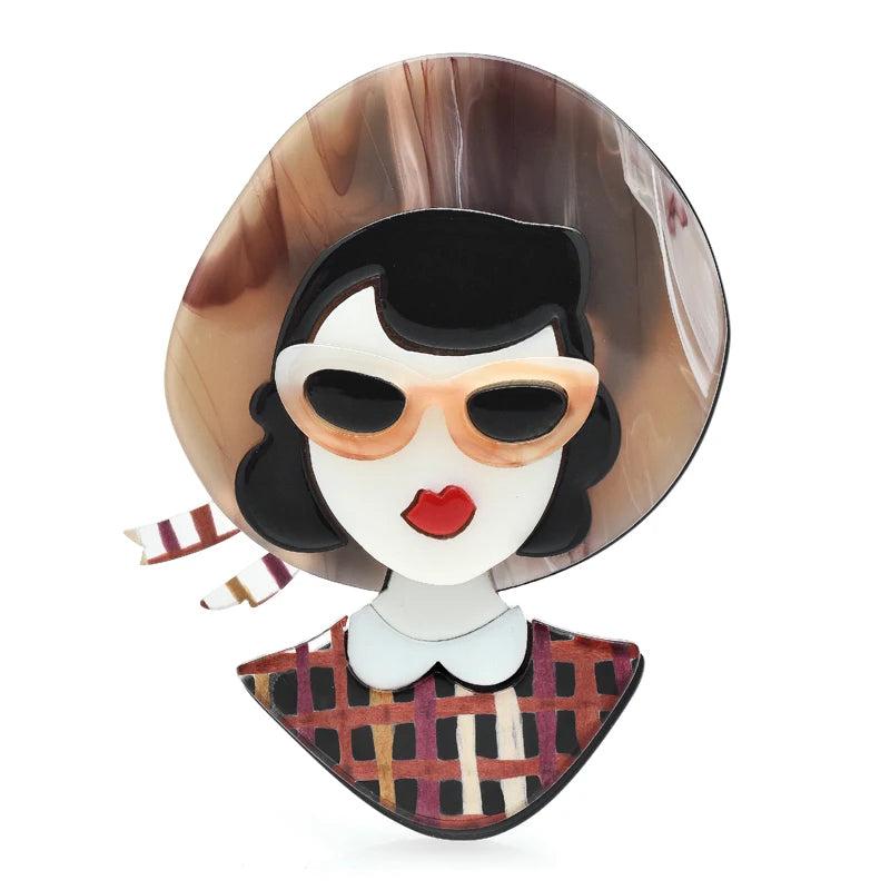 Acrylic Vacation Lady Brooches For Women Wear Hat Glasses Girl Figure Party Offi
