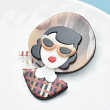 Acrylic Vacation Lady Brooches For Women Wear Hat Glasses Girl Figure Party Offi