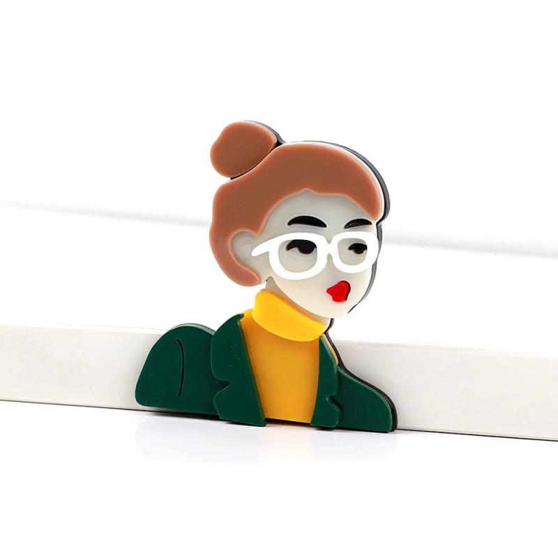 Modern Lady Figure Brooch Glasses Girl Pin