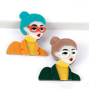 Modern Lady Figure Brooch Glasses Girl Pin