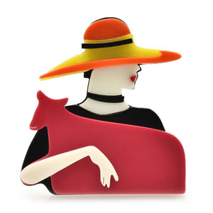 Acrylic Lady Brooch Pin Big Hat Girl Figure Office Party Brooch