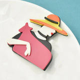 Acrylic Lady Brooch Pin Big Hat Girl Figure Office Party Brooch