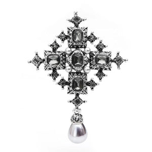 Vintage Cross Brooch Pin Gray Crystal Metal Brooch Jewelry Women Gift