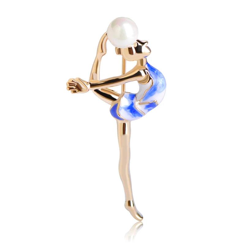 Gymnastics Girls Enamel Pearl Brooch Gold Metal