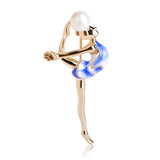 Gymnastics Girls Enamel Pearl Brooch Gold Metal