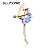 Gymnastics Girls Enamel Pearl Brooch Gold Metal
