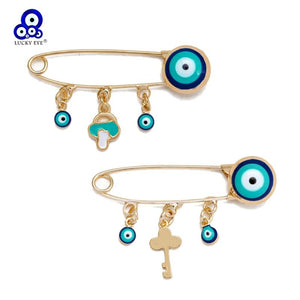 Copper Drip Oil Evil Eye Brooch Pin Key Shape Tassel Brooch