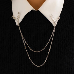Vintage Deer Head Brooch Tassel Chain Multilayer Metal Link Chain Shirt Collar