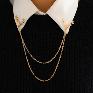 Vintage Deer Head Brooch Tassel Chain Multilayer Metal Link Chain Shirt Collar