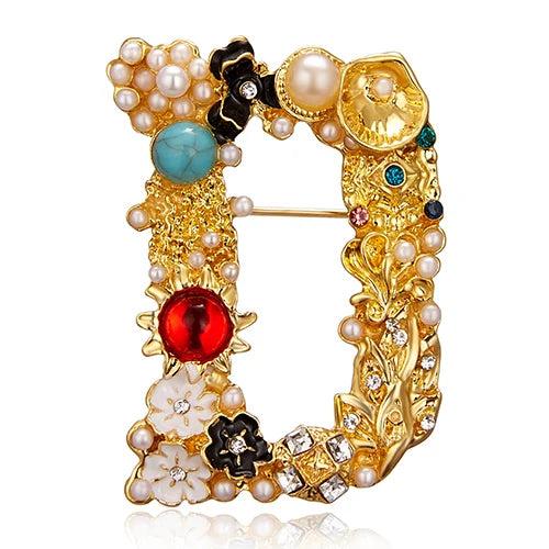 Retro Crystal Pearl D Brooch Pin for Women Wedding Jewelry