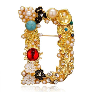Retro Crystal Pearl D Brooch Pin for Women Wedding Jewelry