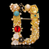 Retro Crystal Pearl D Brooch Pin for Women Wedding Jewelry