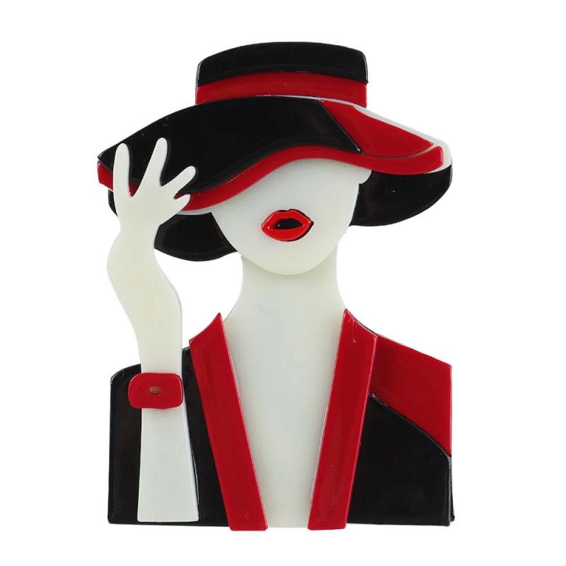 Red Suit Lady Hat Brooch Acrylic Resin Lapel Pin