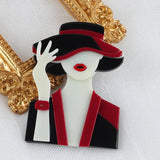 Red Suit Lady Hat Brooch Acrylic Resin Lapel Pin