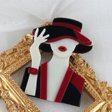 Red Suit Lady Hat Brooch Acrylic Resin Lapel Pin