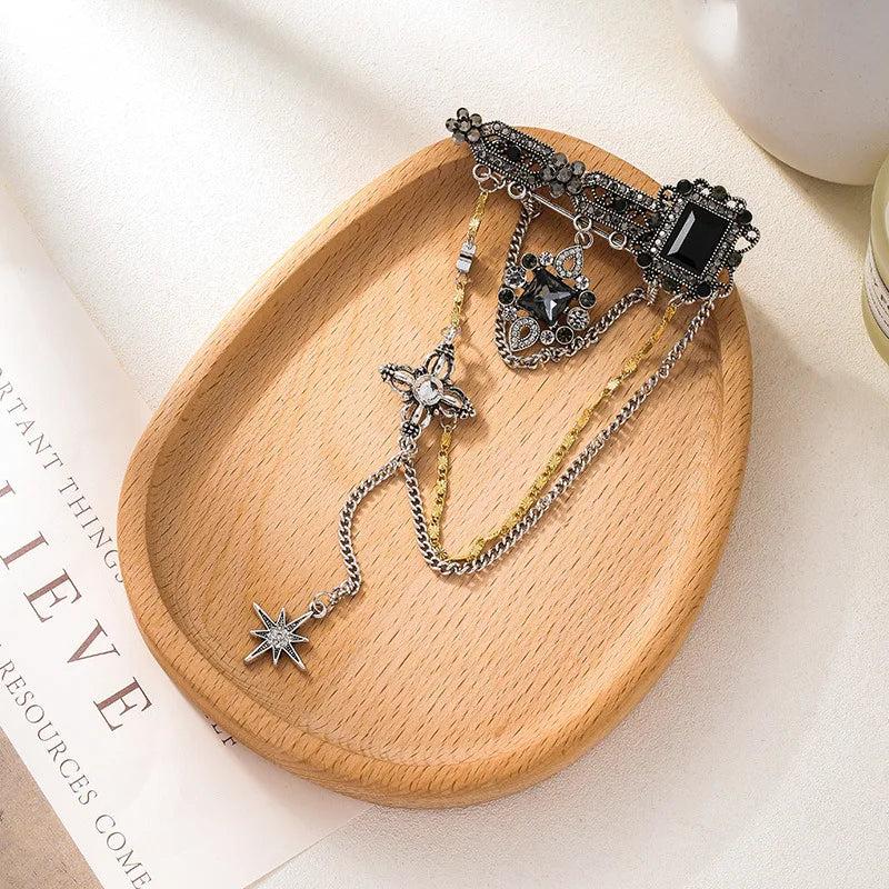 Vintage Tassel Pendant Brooch Baroque Rhinestone Chest Chain Pin Suit Jacket