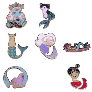 Mermaid Enamel Pins Marine Cat Dog Brooches Copper Lapel Badges