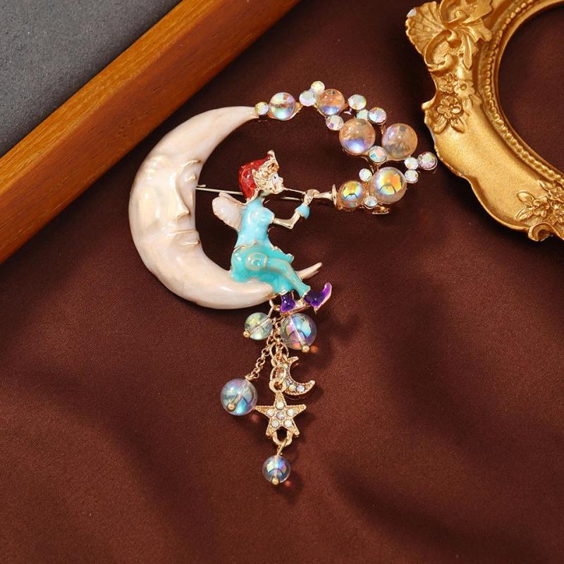 Muylinda Fairy Enamel Moon Girl Tassel Brooch