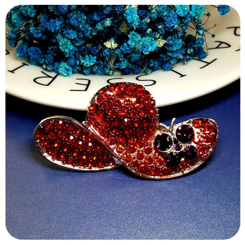 Rhinestone Red Hat Brooch Pin with Purple Butterfly