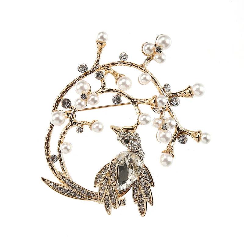 Crystal Bird Brooch with Pearl Large Brooches