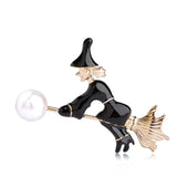 Enamel Witch Besom Broom Brooches Gold-Color Simulated-Pearl Halloween Gift