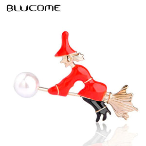 Enamel Witch Besom Broom Brooches Gold-Color Simulated-Pearl Halloween Gift
