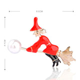 Enamel Witch Besom Broom Brooches Gold-Color Simulated-Pearl Halloween Gift