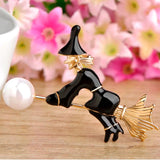 Enamel Witch Besom Broom Brooches Gold-Color Simulated-Pearl Halloween Gift