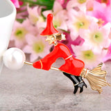 Enamel Witch Besom Broom Brooches Gold-Color Simulated-Pearl Halloween Gift