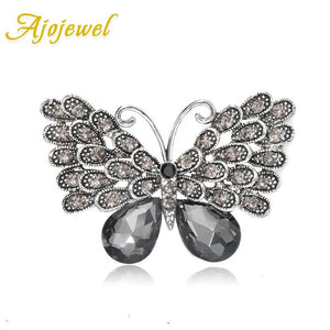 Vintage Gray Crystal Butterfly Brooch Antique Silver-color Corsage Pin