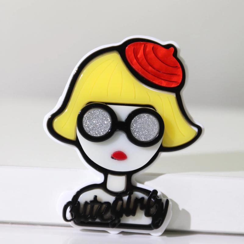Red Hat Girl Acrylic Brooch Cartoon Glasses Badge