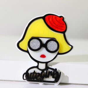 Red Hat Girl Acrylic Brooch Cartoon Glasses Badge