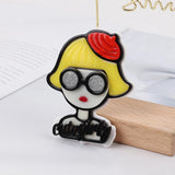 Red Hat Girl Acrylic Brooch Cartoon Glasses Badge